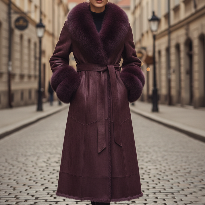 Cappotto Donna Lungo in Pelle Sintetica con Collare in Pelliccia