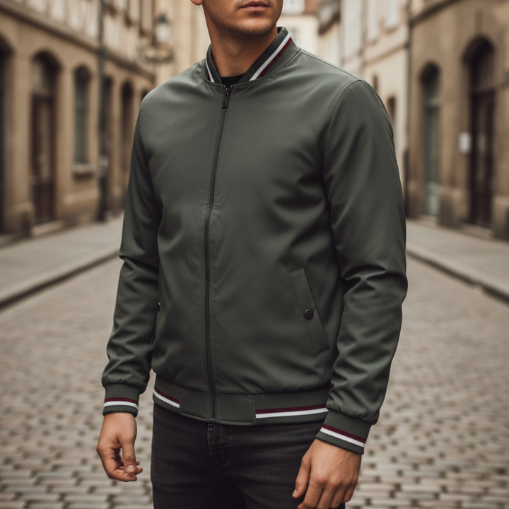 Giacca Bomber Uomo in Tessuto con Zip e Dettagli a Righe