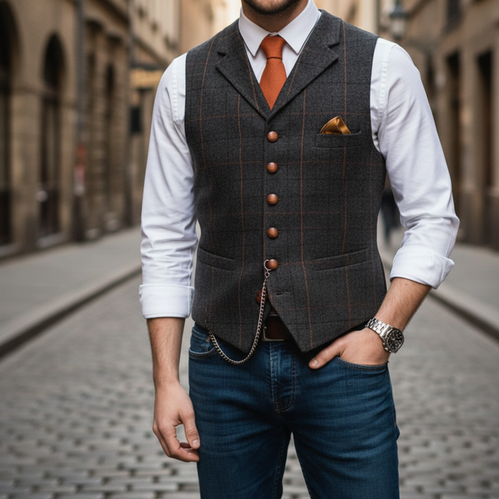 Uomo Gilet Monopetto Quadri Elegante