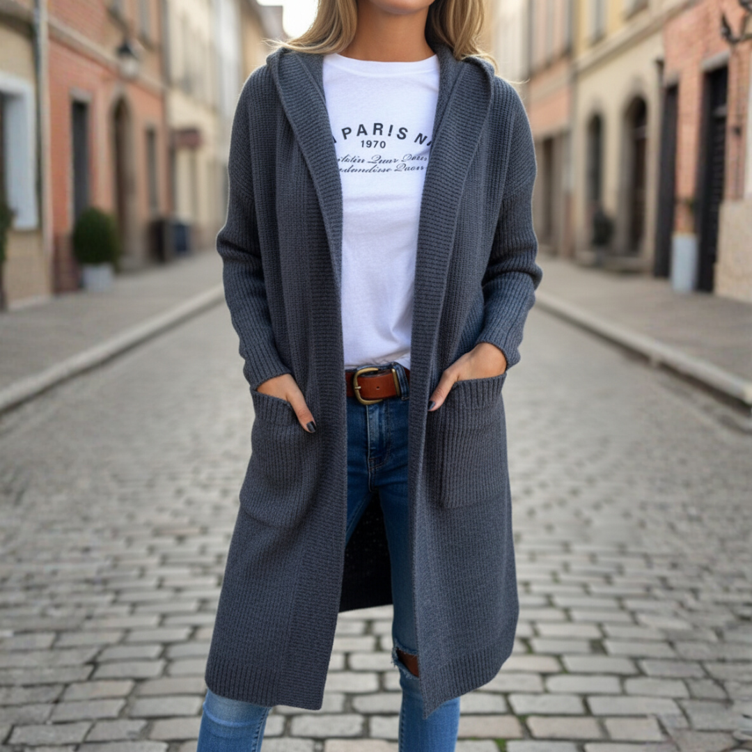 Cardigan donna lungo in maglia con cappuccio