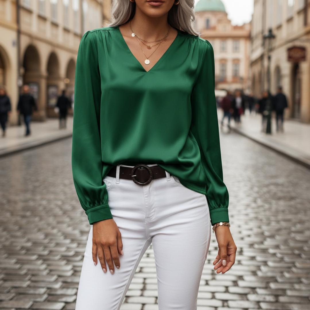 Blusa Satinata Donna Maniche Lunghe V Collo Materiale Setoso