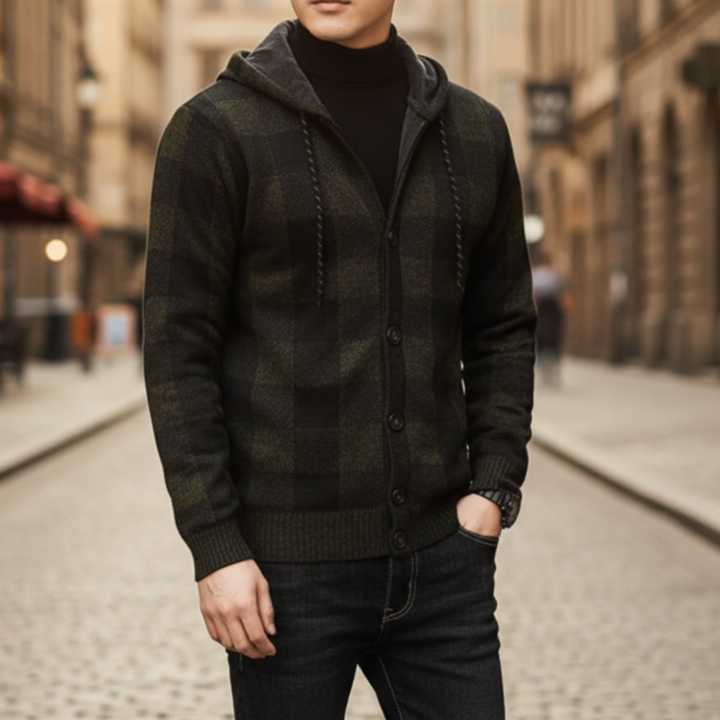 Cardigan Uomo con Cappuccio a Quadri – Giacca Invernale