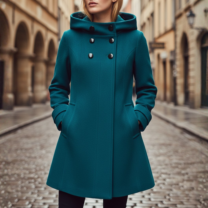 Cappotto Invernale Donna Materiale Misto con Cappuccio e Bottoni
