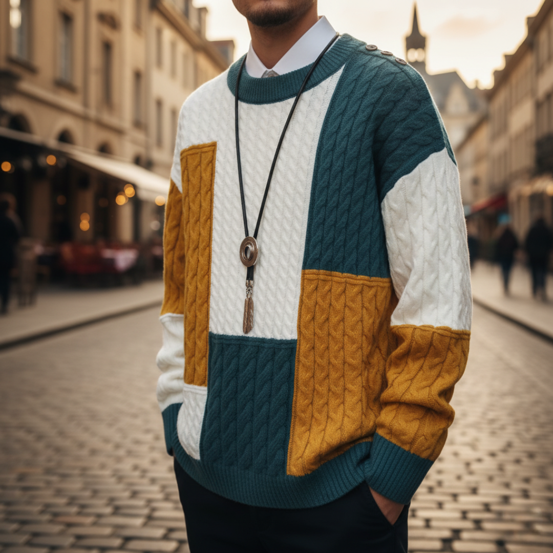 Maglione da uomo colorato in lana con motivi geometrici