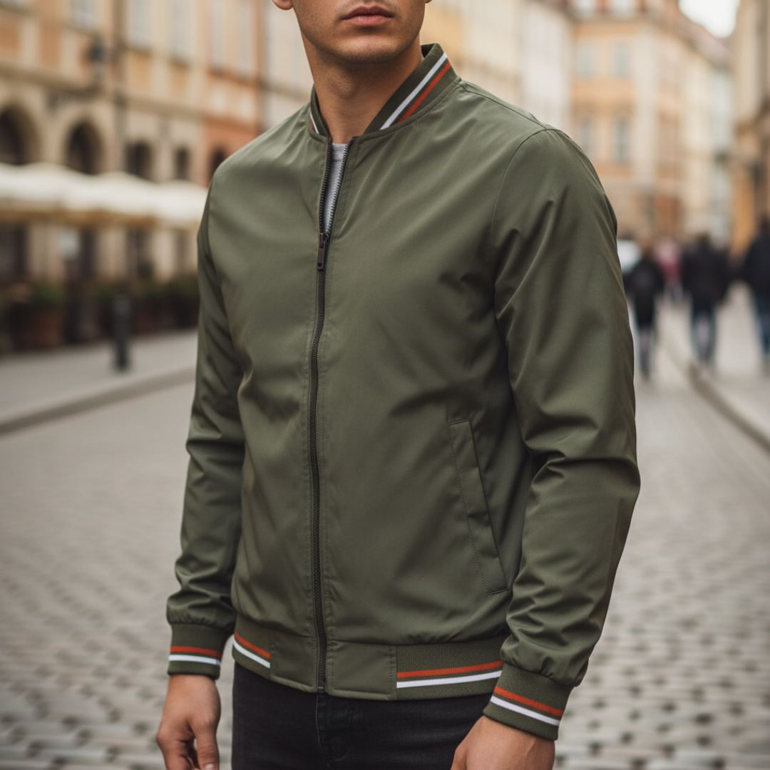 Giacca Bomber Uomo in Tessuto con Zip e Dettagli a Righe