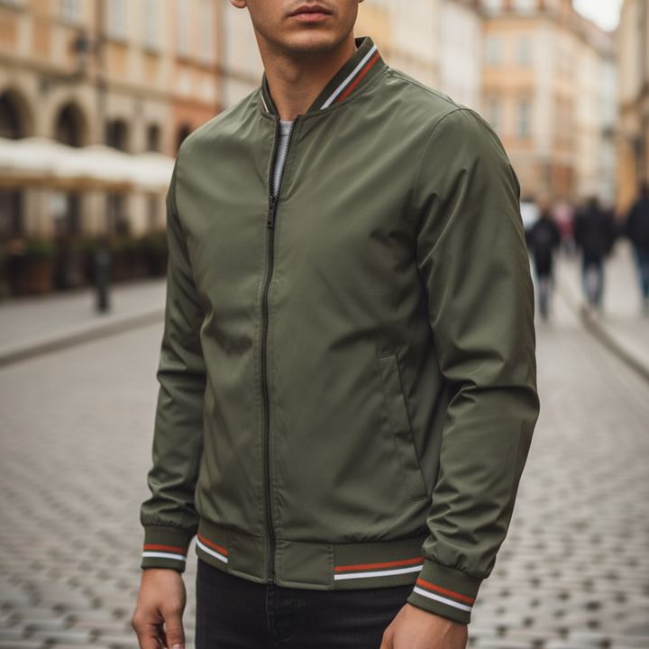 Giacca Bomber Uomo in Tessuto con Zip e Dettagli a Righe