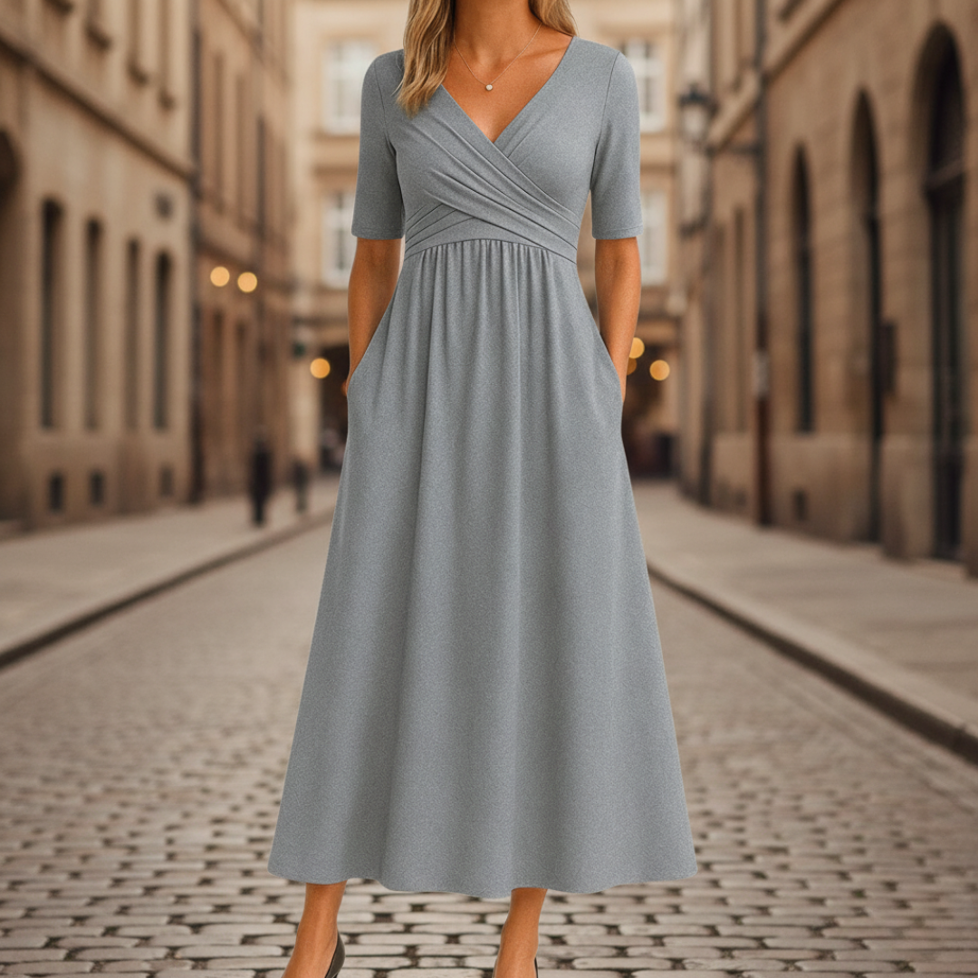 Abito Midi da Donna Lavorato con Pieghe e Scollo a V