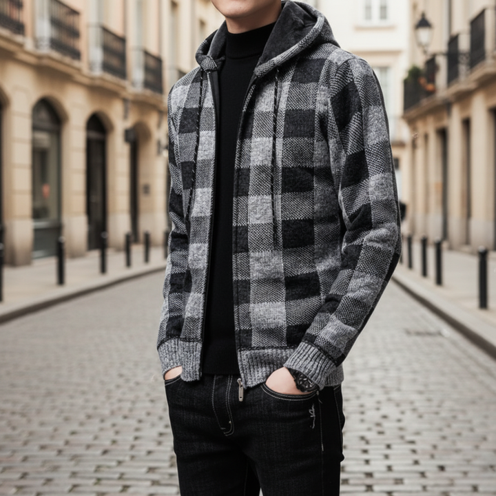 Cardigan Uomo con Cappuccio a Quadri – Giacca Invernale
