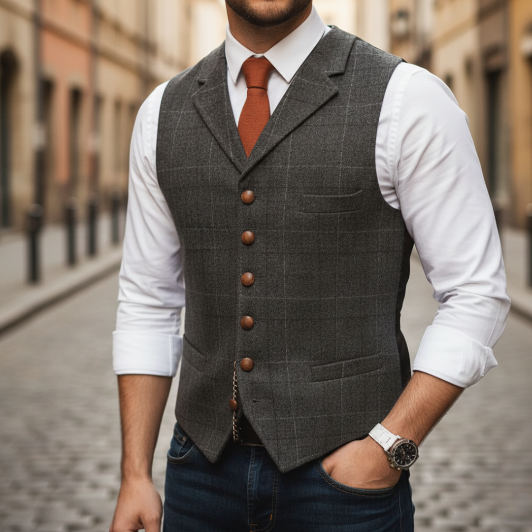 Uomo Gilet Monopetto Quadri Elegante