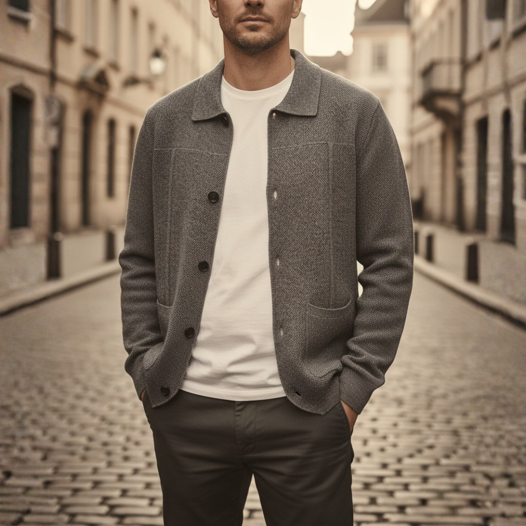 Cardigan Uomo con Bottoni e Colletto in Filato