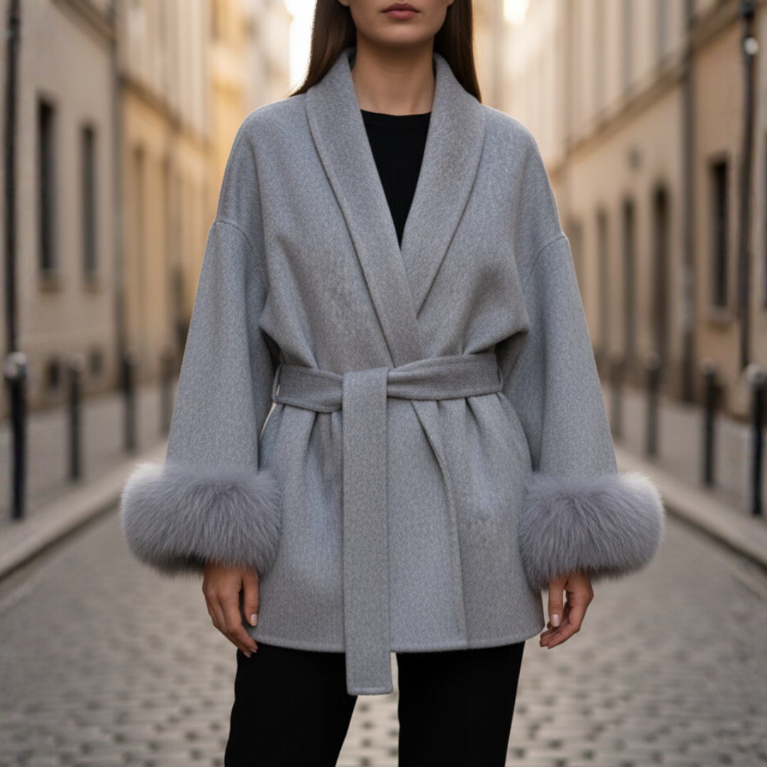 Cappotto Donna con Pelliccia Sintetica e Cintura