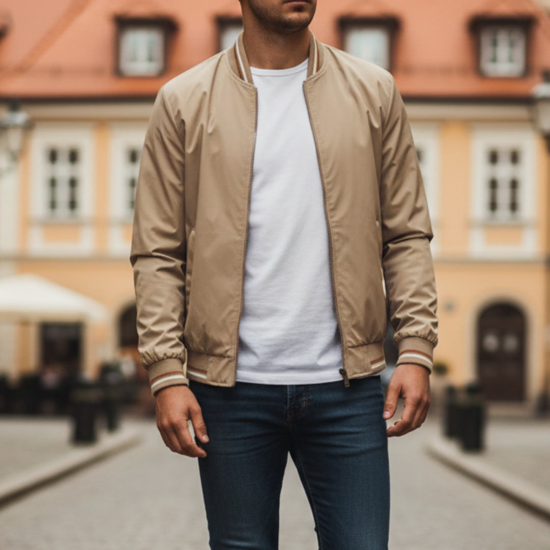 Giacca Bomber Uomo in Tessuto con Zip e Dettagli a Righe