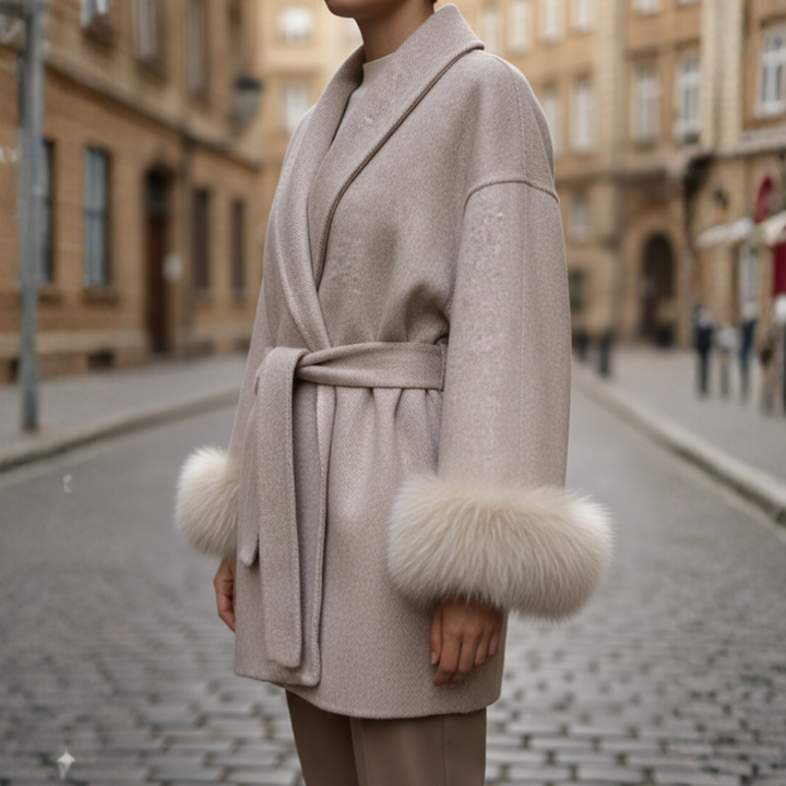 Cappotto Donna con Pelliccia Sintetica e Cintura