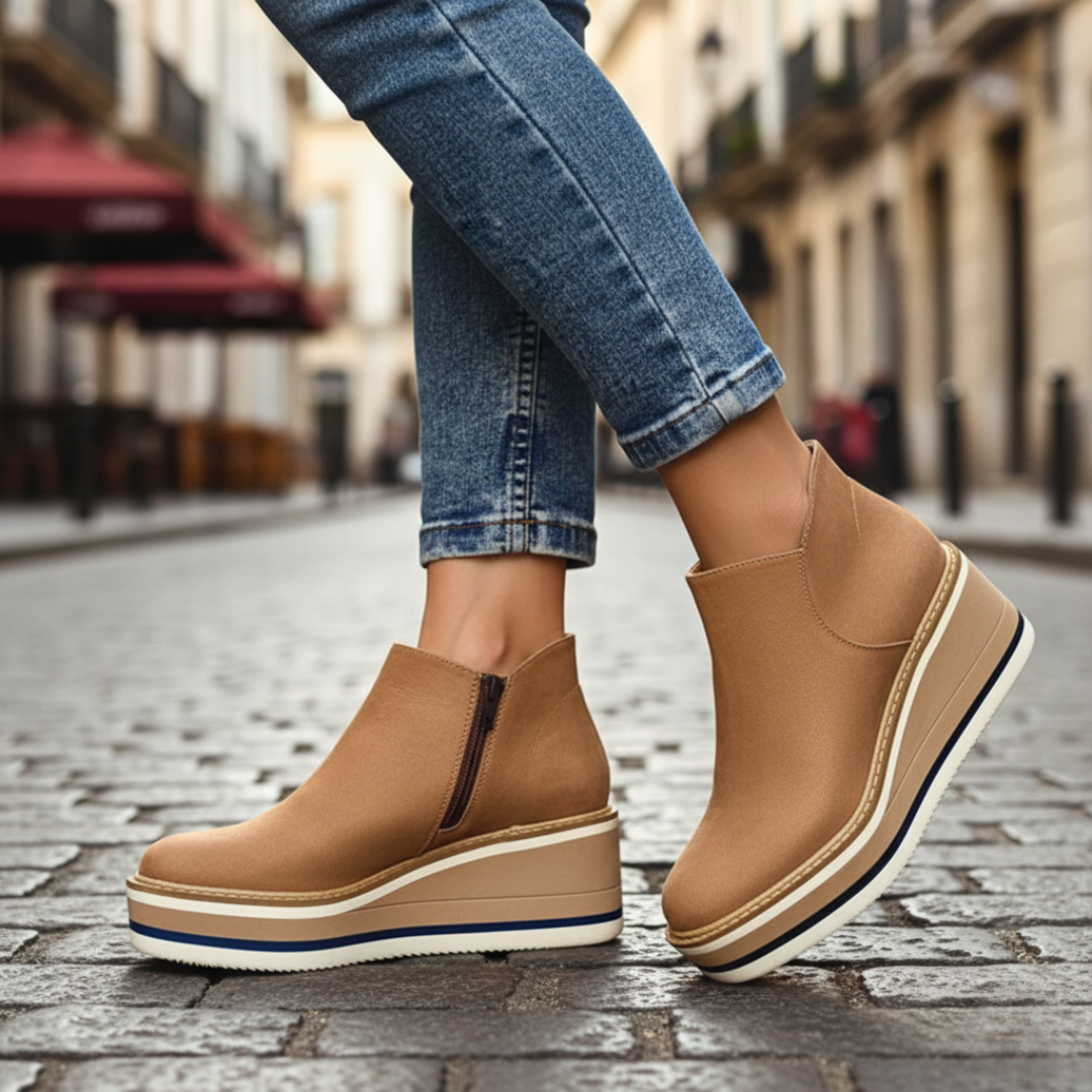 Stivaletti donna similpelle con zip e tacco wedge