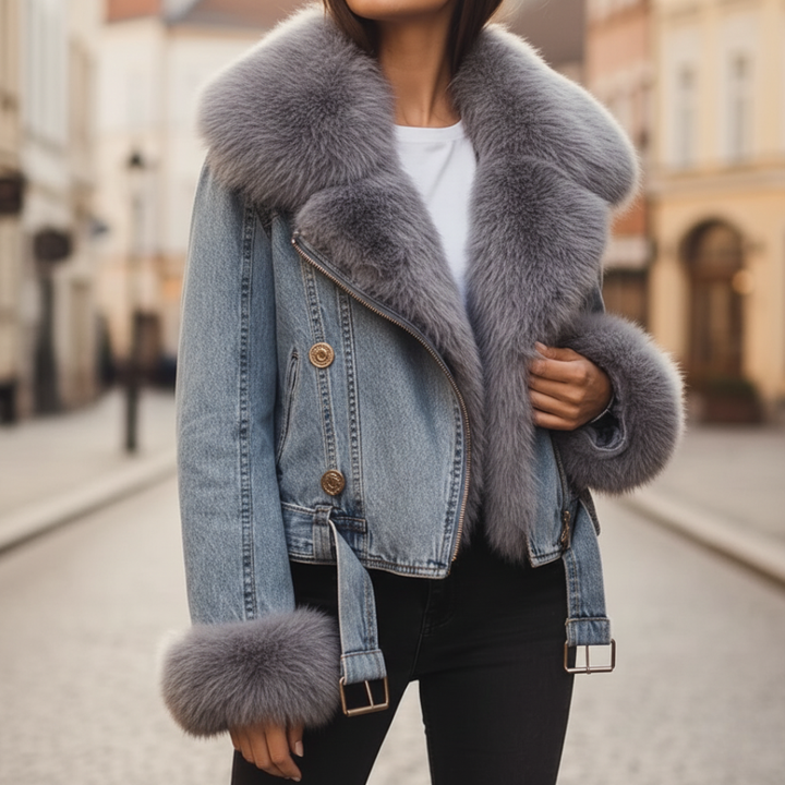 Giacca Donna Denim Con Collo In Pelliccia