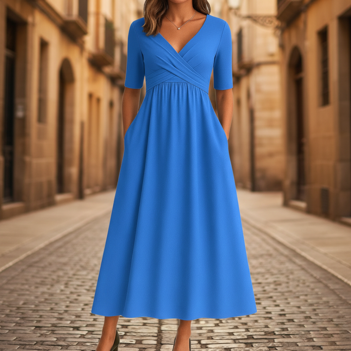 Abito Midi da Donna Lavorato con Pieghe e Scollo a V