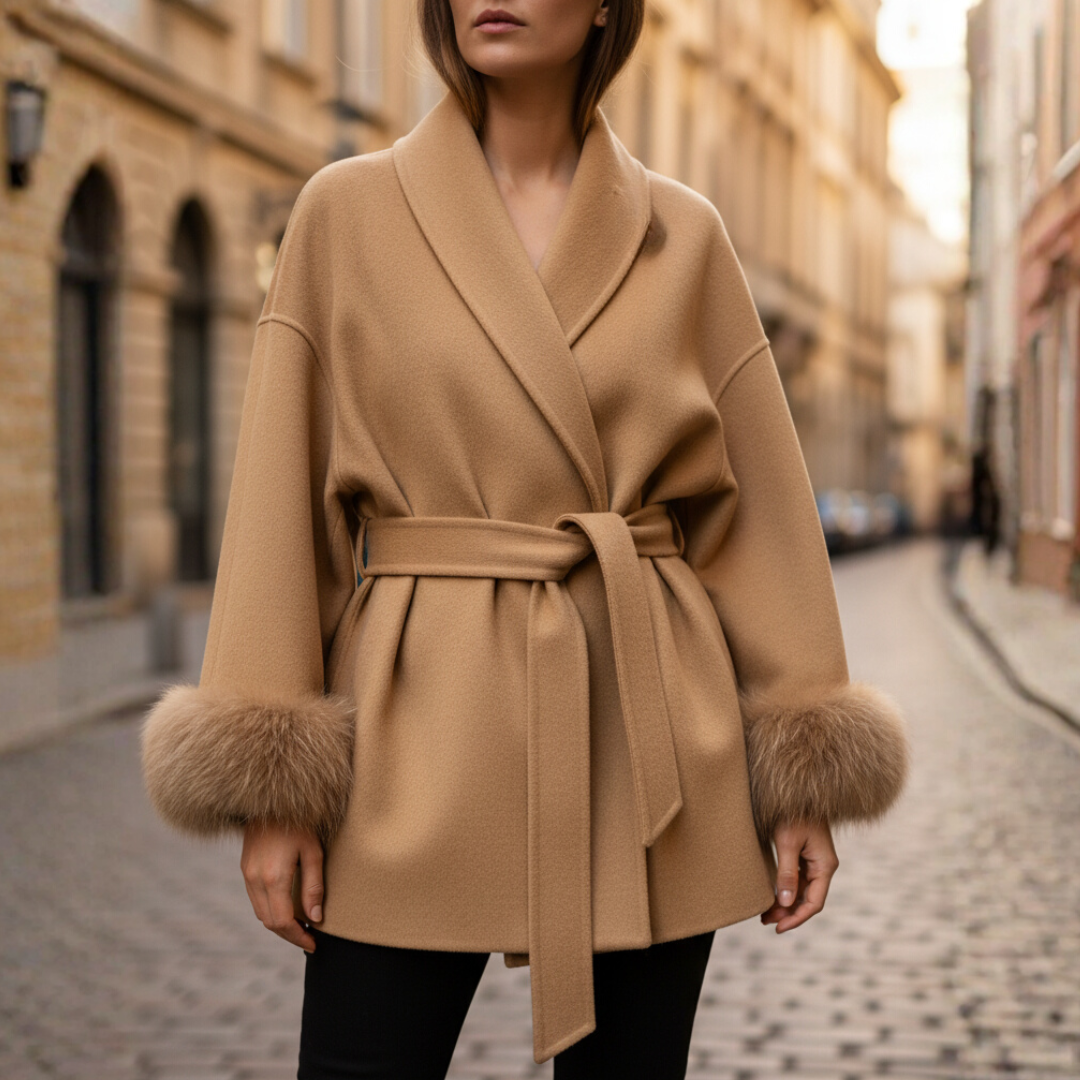 Cappotto Donna con Pelliccia Sintetica e Cintura