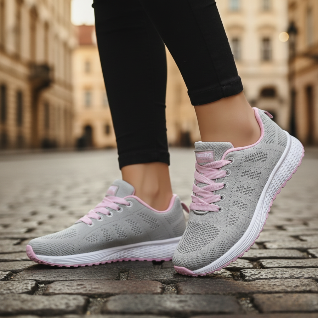 Scarpe da corsa donna nere in mesh traspirante con suola bianca