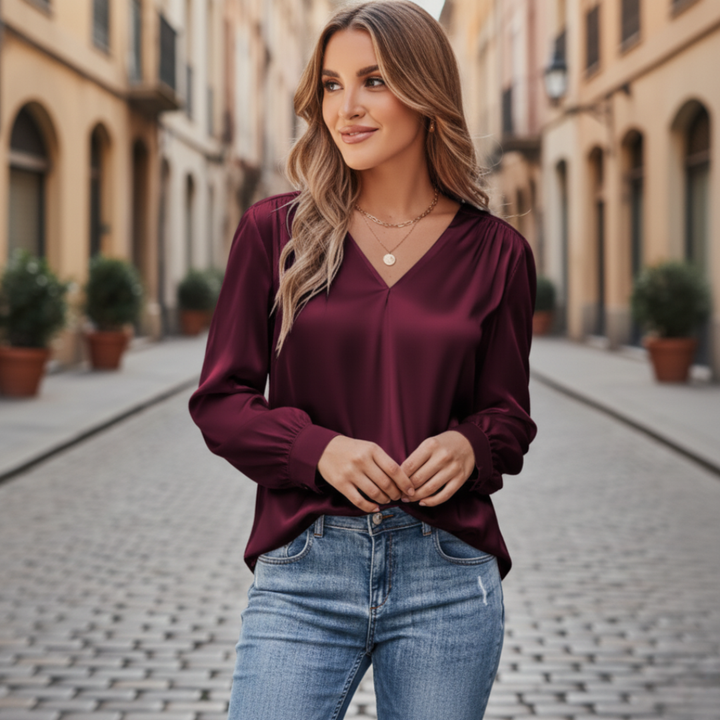 Blusa Satinata Donna Maniche Lunghe V Collo Materiale Setoso