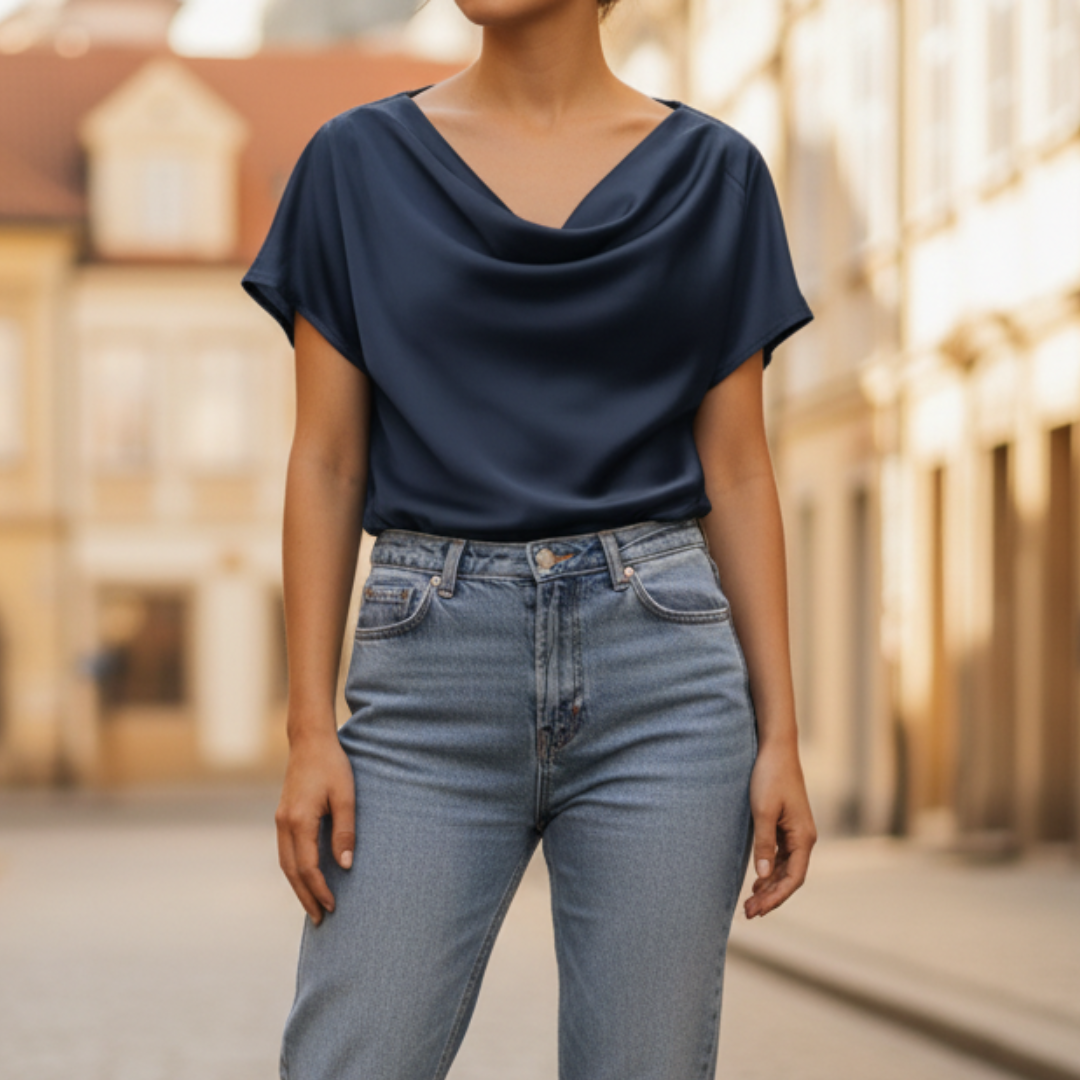 Blusa Satinata Donna Maniche Corte Collo Cowl