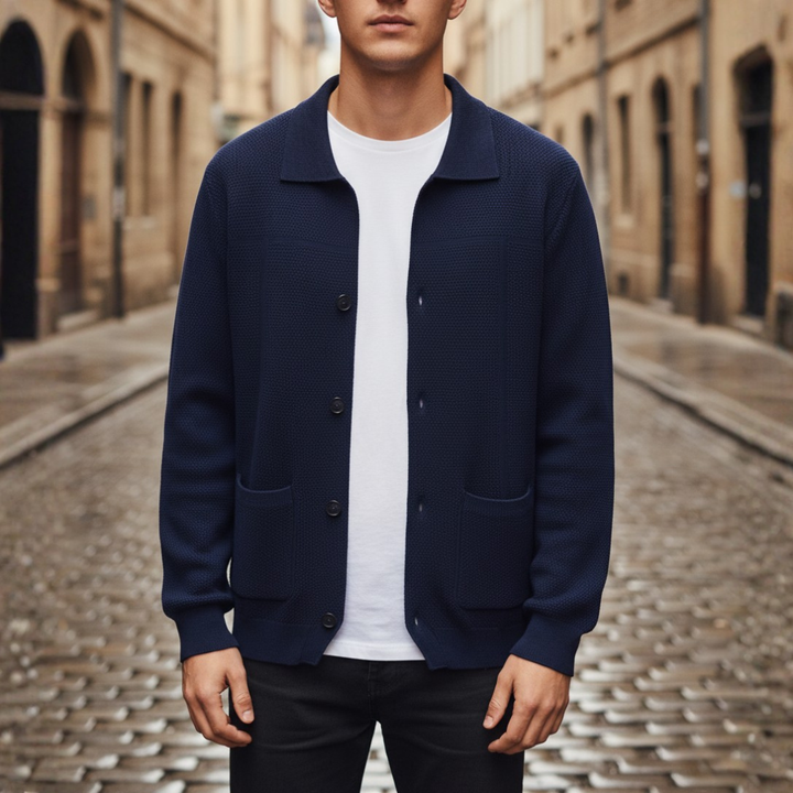 Cardigan Uomo con Bottoni e Colletto in Filato