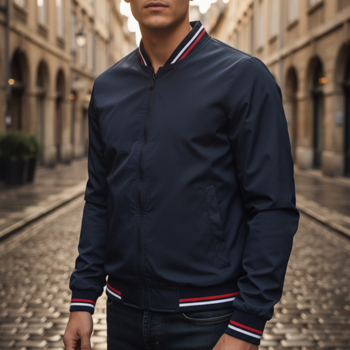 Giacca Bomber Uomo in Tessuto con Zip e Dettagli a Righe