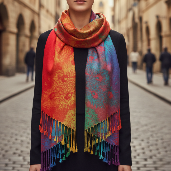 Women's Scarf Mixed Fabric Colorful Peacock Pattern