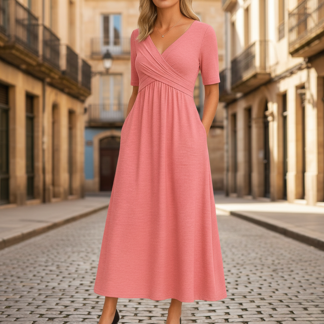 Abito Midi da Donna Lavorato con Pieghe e Scollo a V