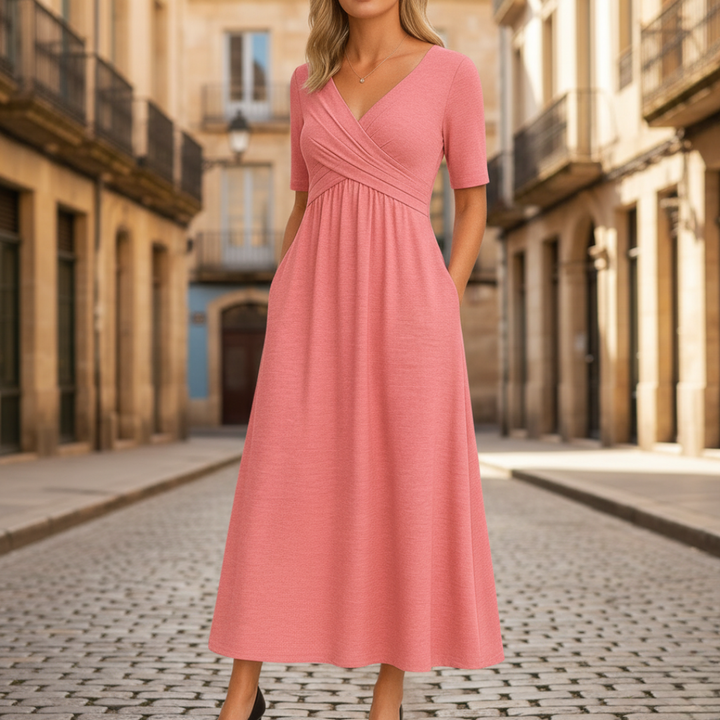 Abito Midi da Donna Lavorato con Pieghe e Scollo a V