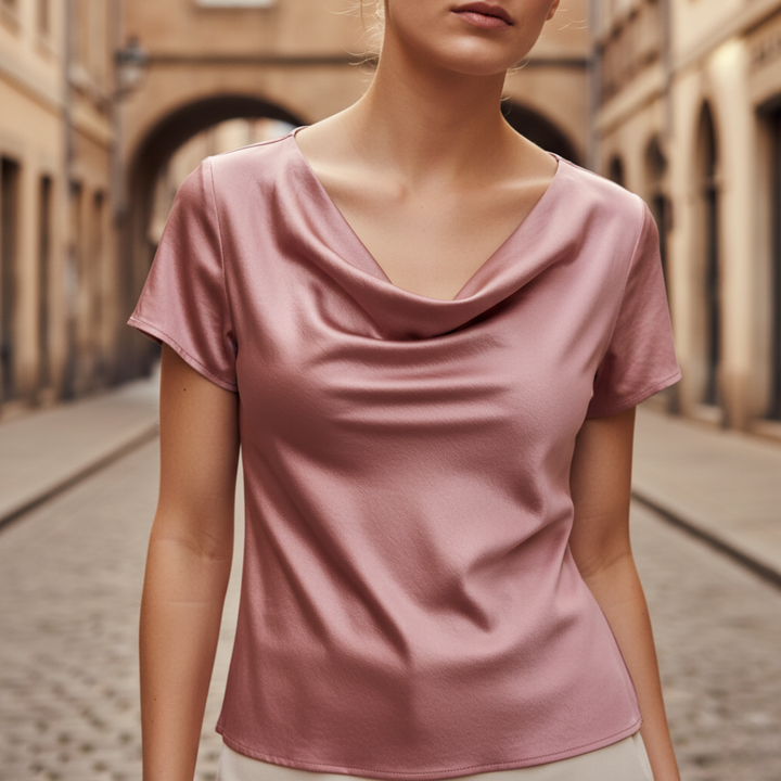 Blusa Satinata Donna Maniche Corte Collo Cowl