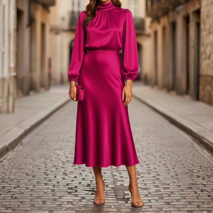 Abito Midi da Donna Satinato con Collo Alto