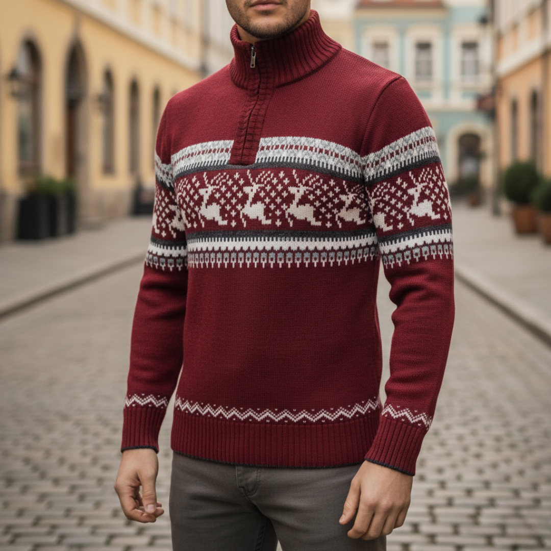 Maglione Uomo con Zip e Motivo Natalizio