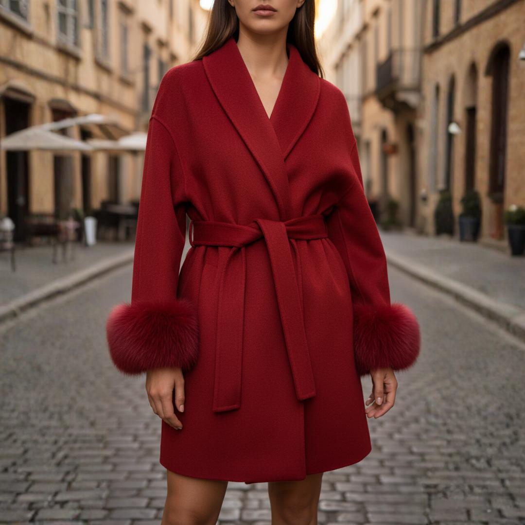 Cappotto Donna con Pelliccia Sintetica e Cintura