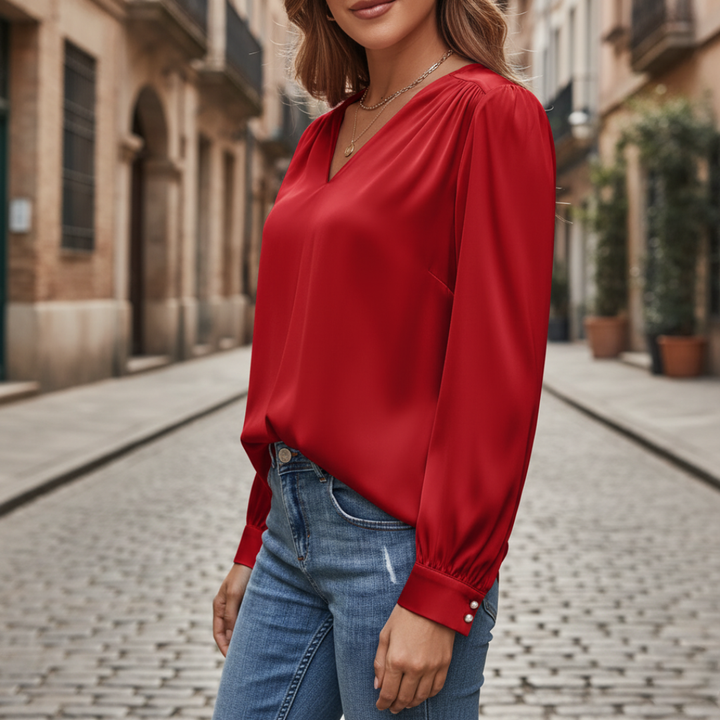 Blusa Satinata Donna Maniche Lunghe V Collo Materiale Setoso