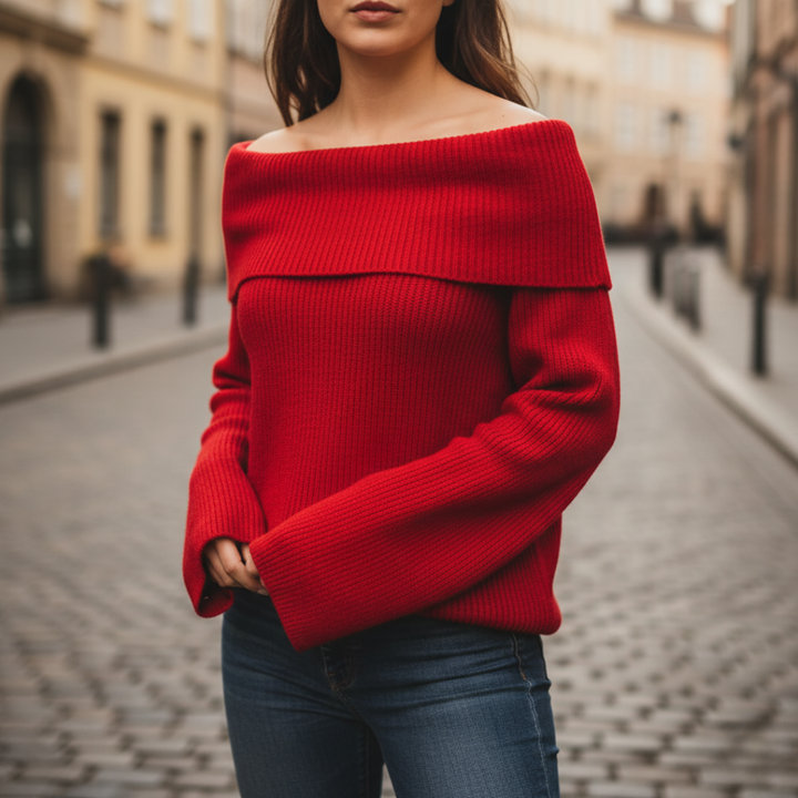 Maglia Donna Spalle Scoperte a Coste Misto Tessuti