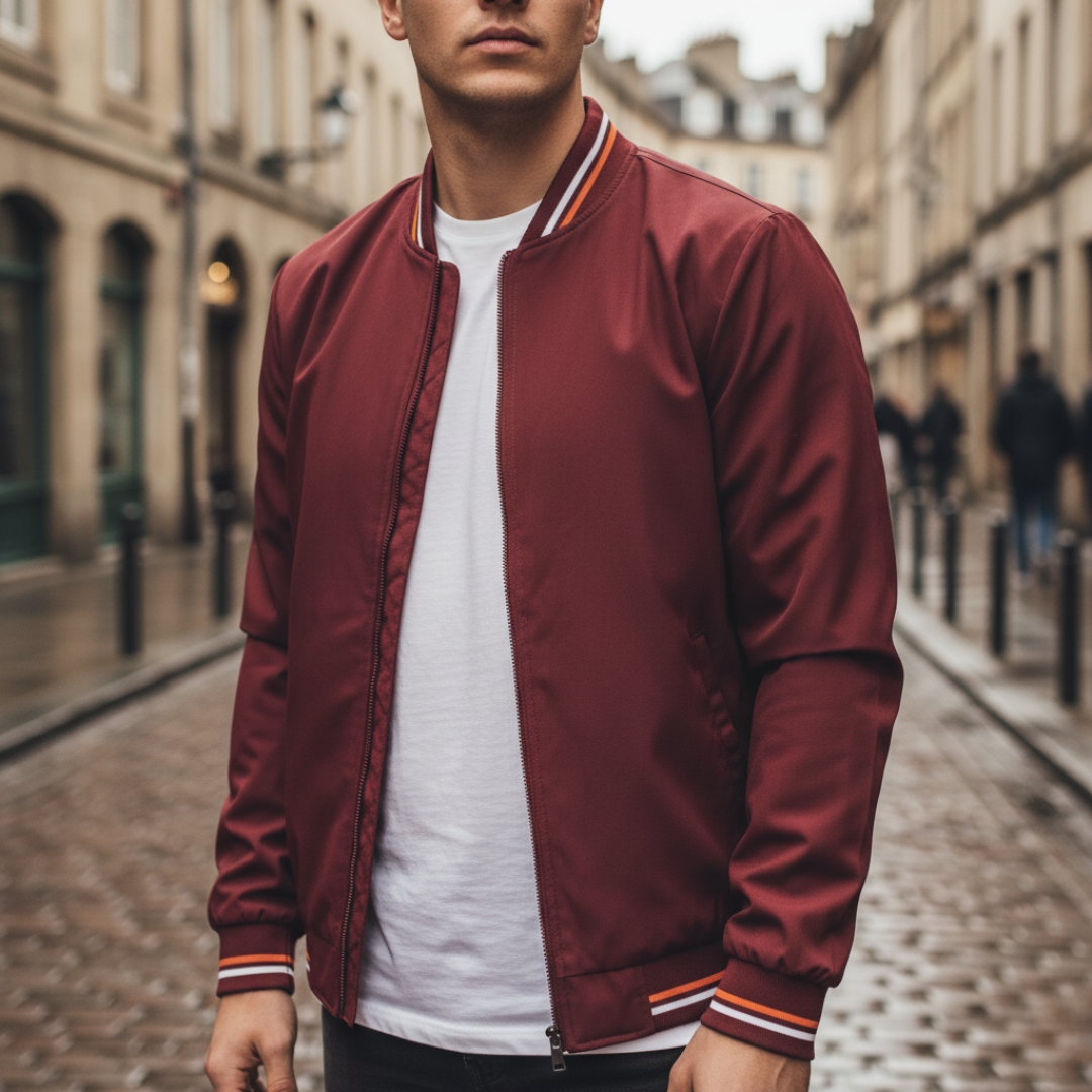 Giacca Bomber Uomo in Tessuto con Zip e Dettagli a Righe