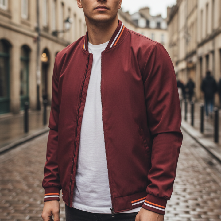 Giacca Bomber Uomo in Tessuto con Zip e Dettagli a Righe