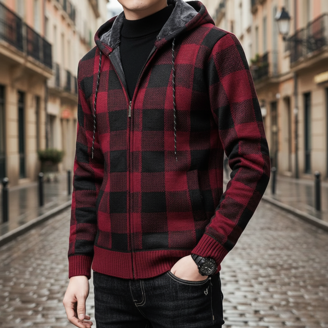 Cardigan Uomo con Cappuccio a Quadri – Giacca Invernale