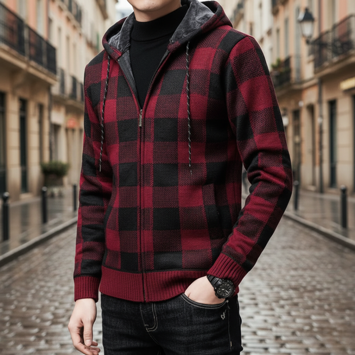 Cardigan Uomo con Cappuccio a Quadri – Giacca Invernale