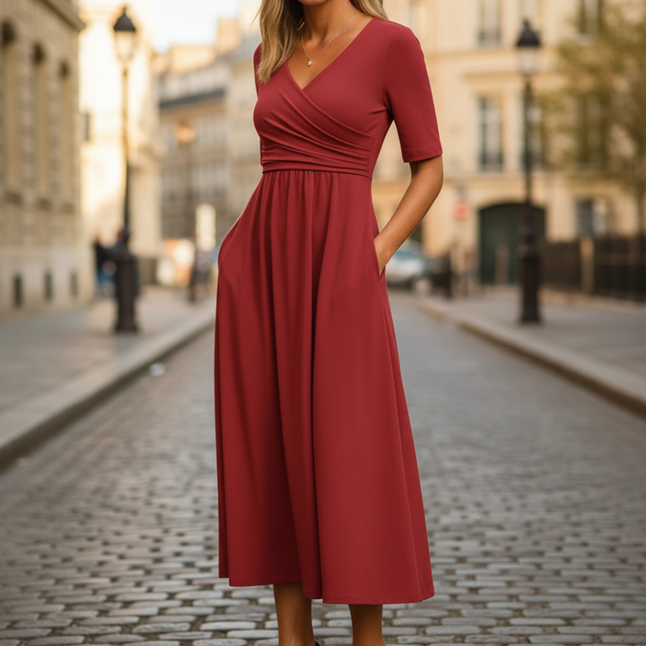 Abito Midi da Donna Lavorato con Pieghe e Scollo a V