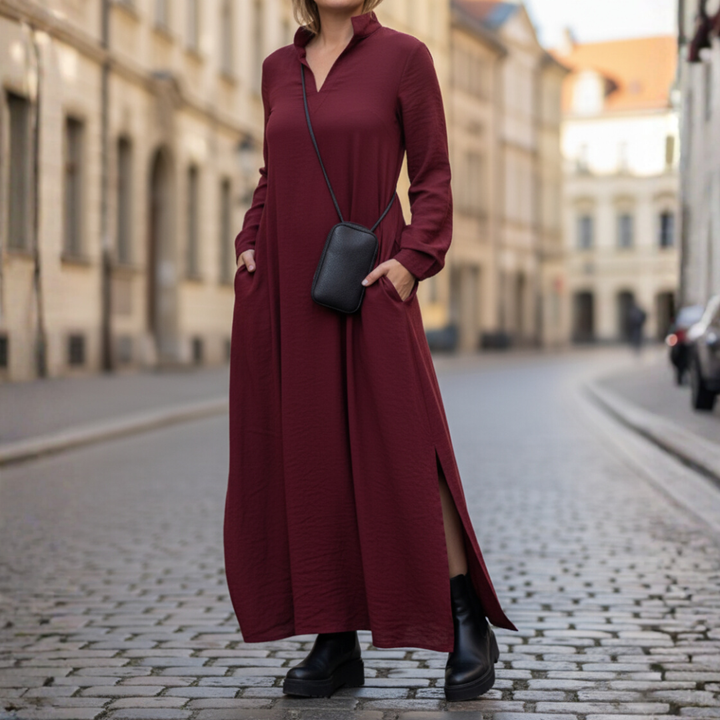 Abito Lungo Donna Collo Alto con Tasche