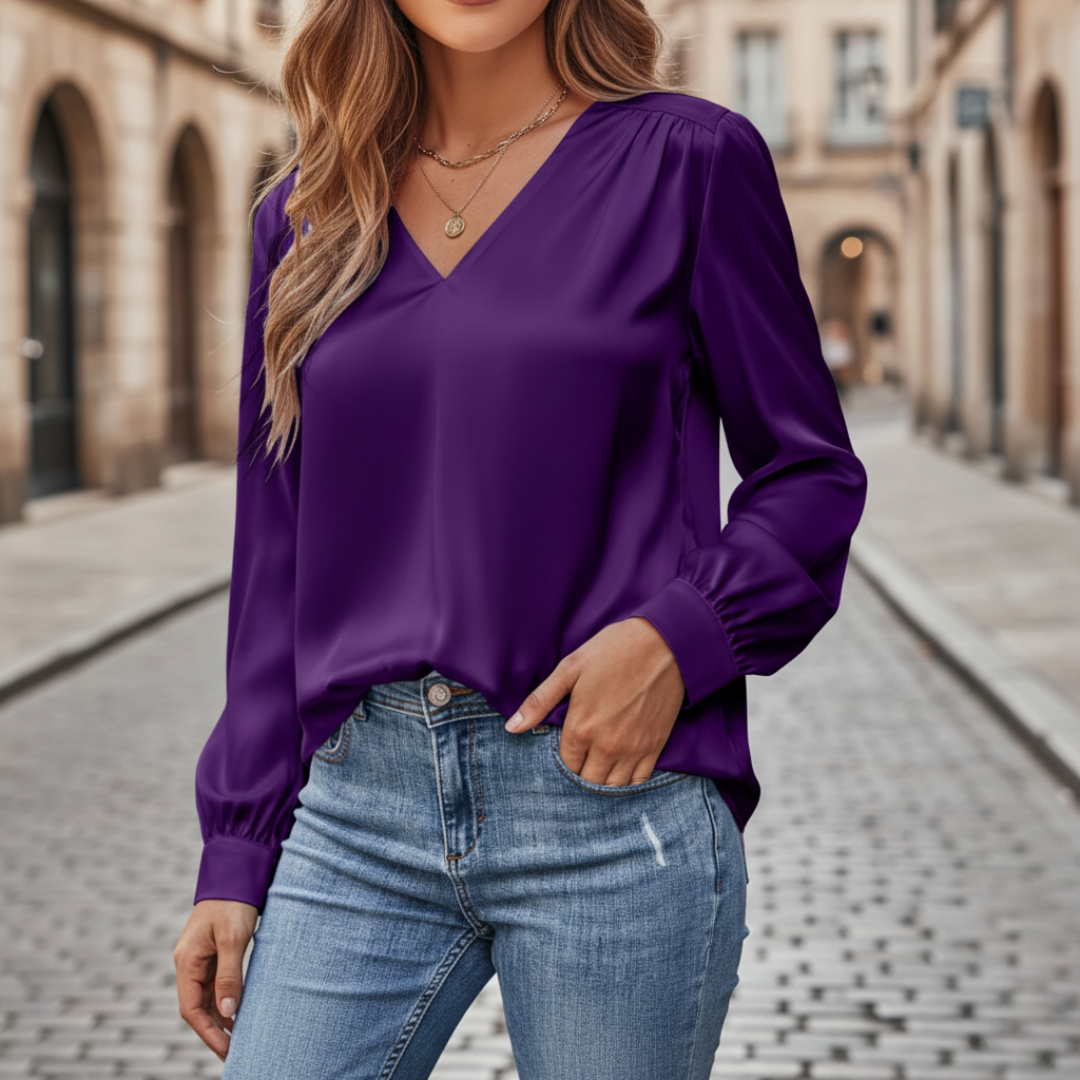 Blusa Satinata Donna Maniche Lunghe V Collo Materiale Setoso