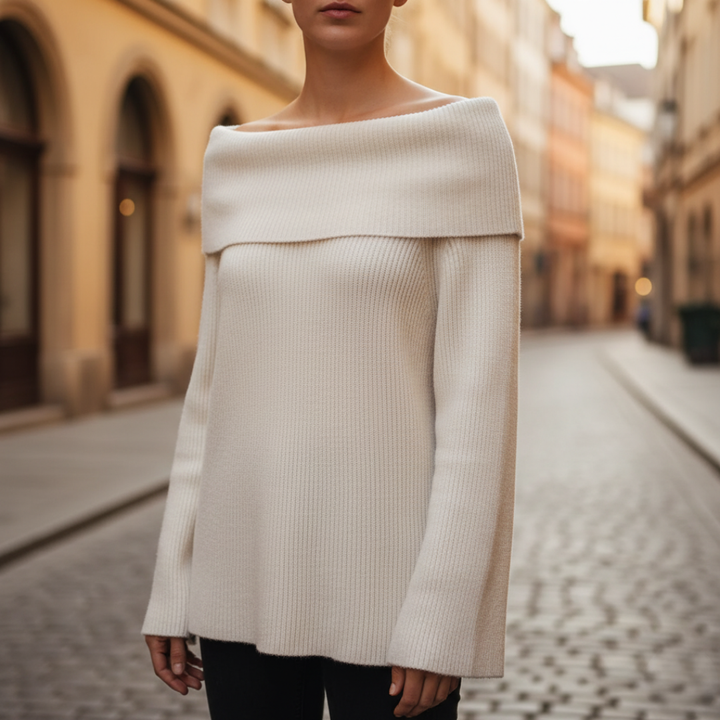 Maglia Donna Spalle Scoperte a Coste Misto Tessuti