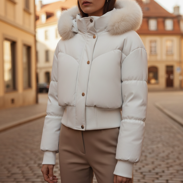 Giacca Piumino Donna con Cappuccio Pelliccia Sintetica Materiale Impermeabile