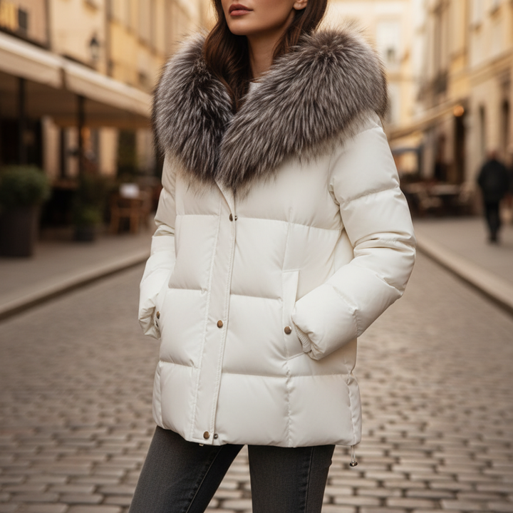 Piumino Donna in Tessuto Tecnico con Colletto in Pelliccia Sintetica