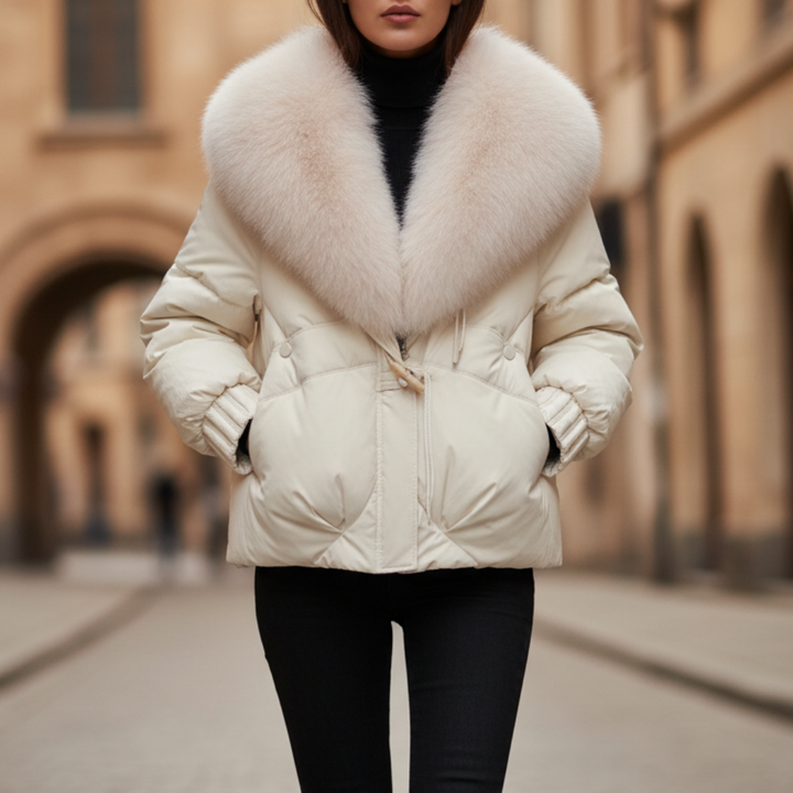 Piumino Donna Invernale Corto con Collo in Pelliccia