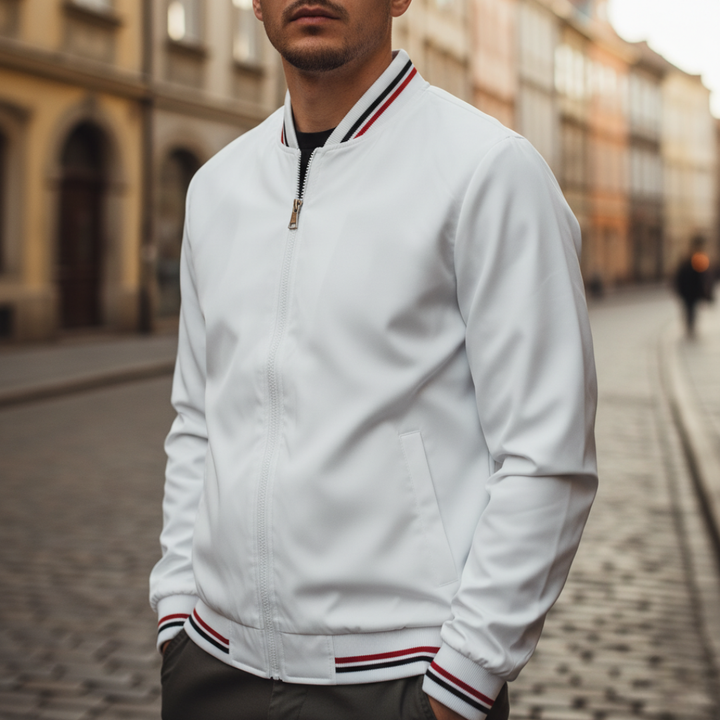 Giacca Bomber Uomo in Tessuto con Zip e Dettagli a Righe