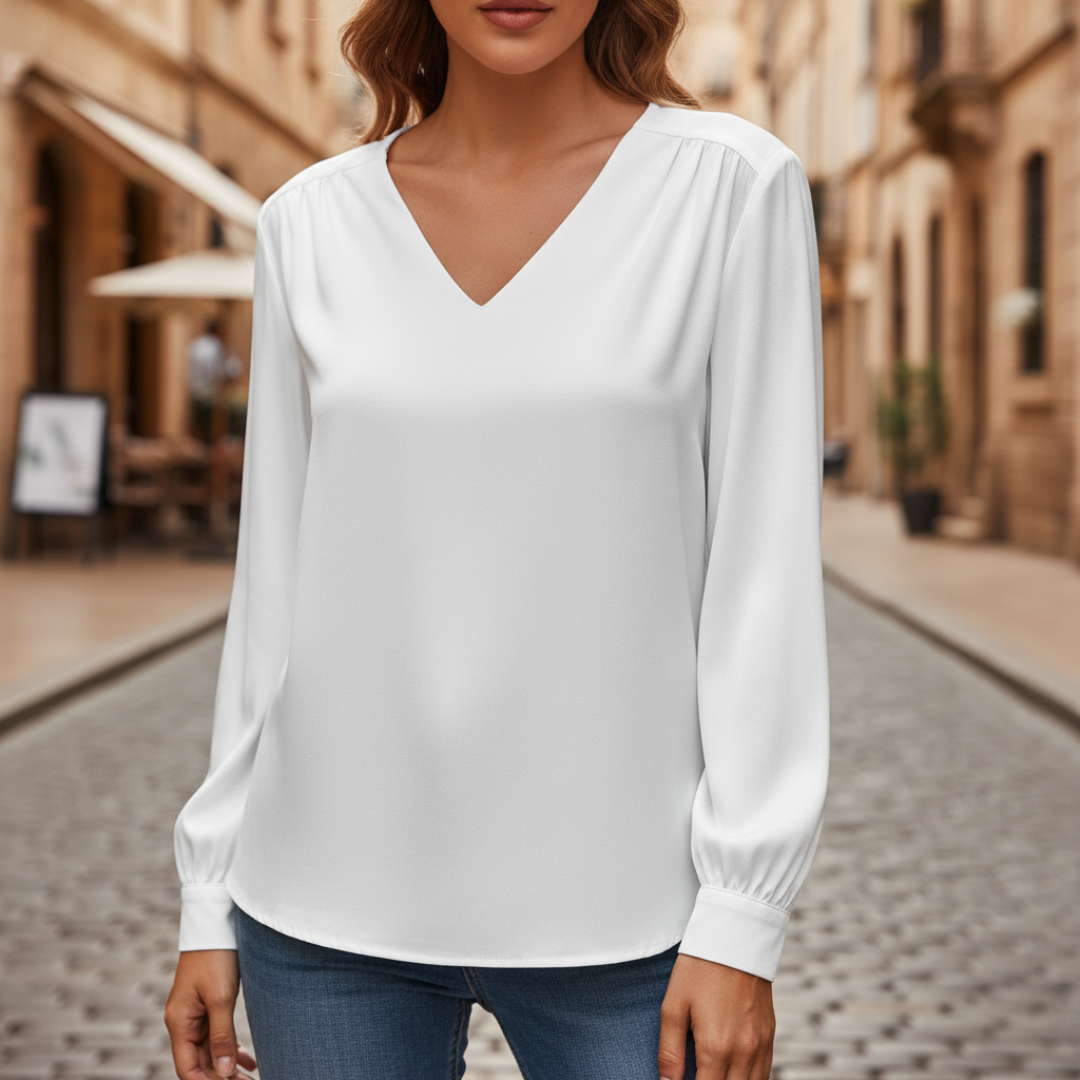 Blusa Satinata Donna Maniche Lunghe V Collo Materiale Setoso