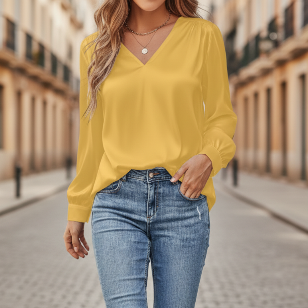 Blusa Satinata Donna Maniche Lunghe V Collo Materiale Setoso