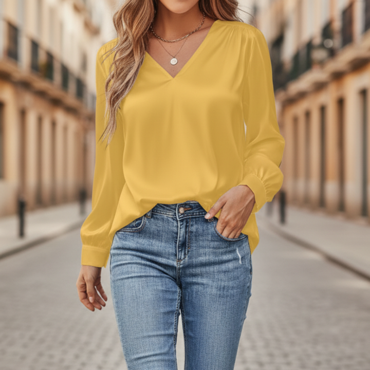 Blusa Satinata Donna Maniche Lunghe V Collo Materiale Setoso